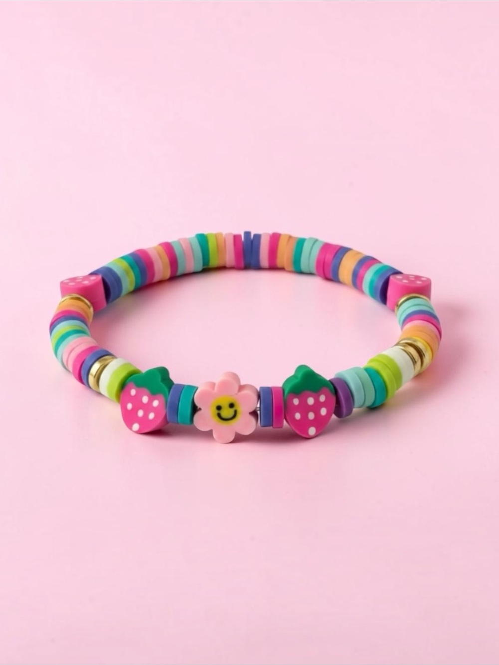Multicolor Heishi Beaded Stretch Bracelet Strawberry & Flower Charms Stackable